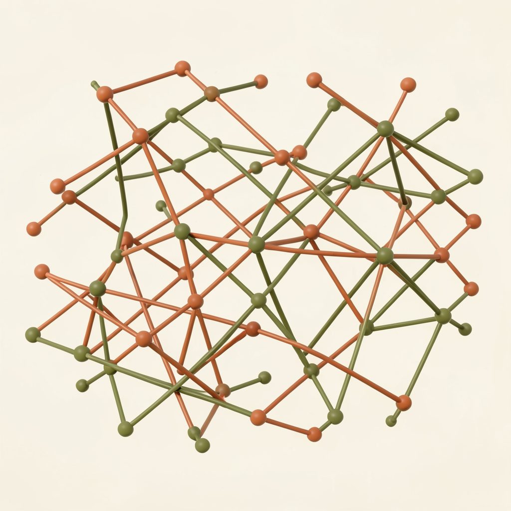 An abstract illustration of interconnected nodes and pathways in warm terracotta and olive-green against a soft cream background