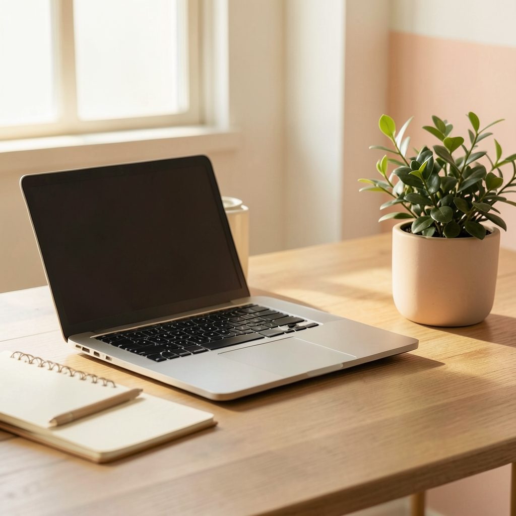 A warm, softly lit workspace with a laptop on a wooden desk, a notebook, and a potted plant, in cream and peach tones